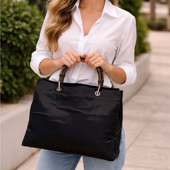 Gucci black bamboo handle tote bag -Satin ✅ COA